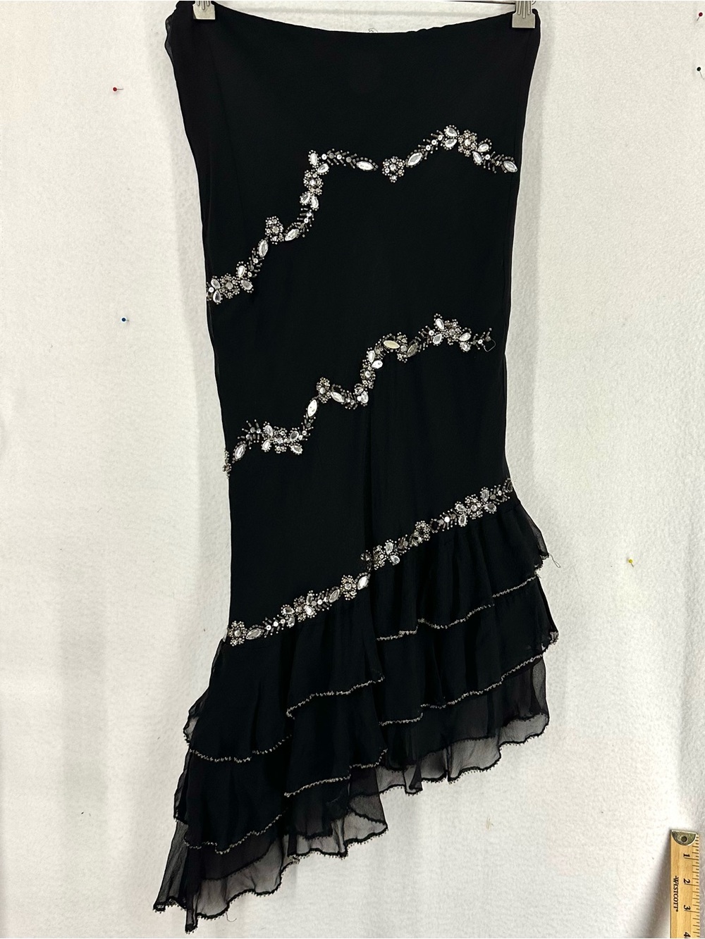 ECI New York Y2K 100% Silk Beaded Ruffle Asymmetrical Maxi Skirt Black Size 10